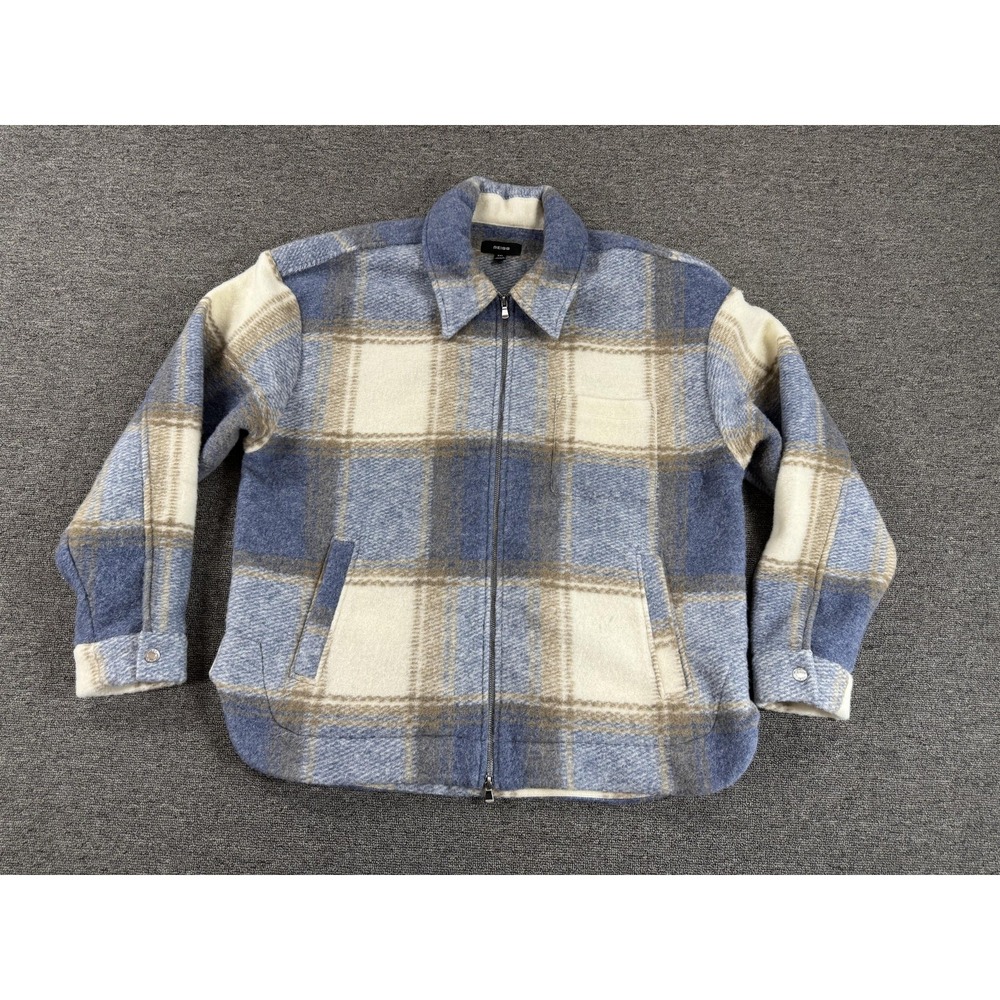 Reiss Jacket‎ Mens 2XL Blue Plaid Morton Bomber Shirt Jacket Flannel Zip Lined